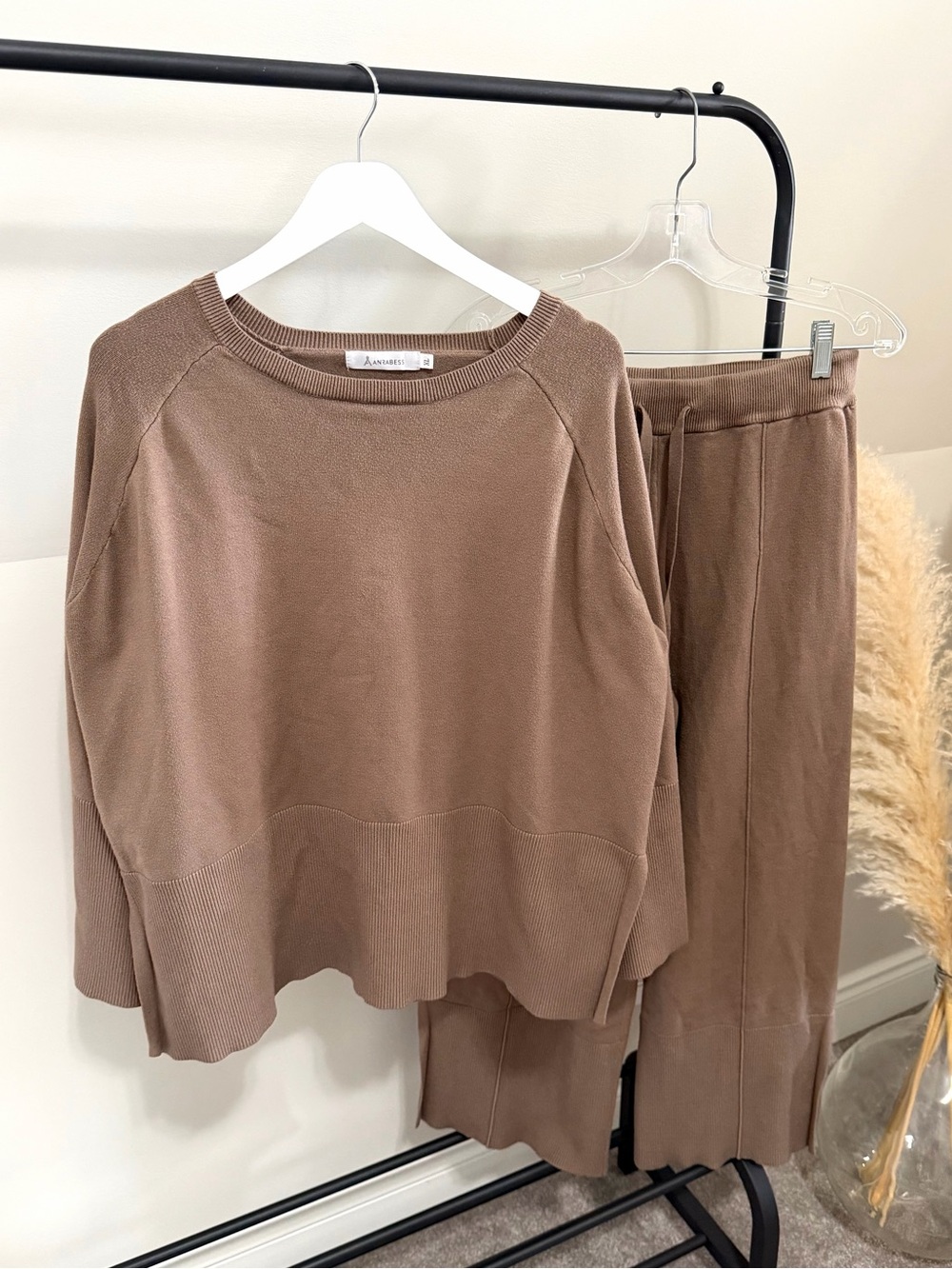 Anrabess Taupe Oversized Knit Sweater & Lounge Pant Set